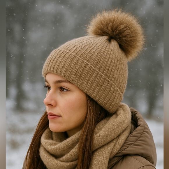 norla canada Accessories - Cozy Tan Alpaca Wool Blend Knit Toque Beanie with Pom-Pom